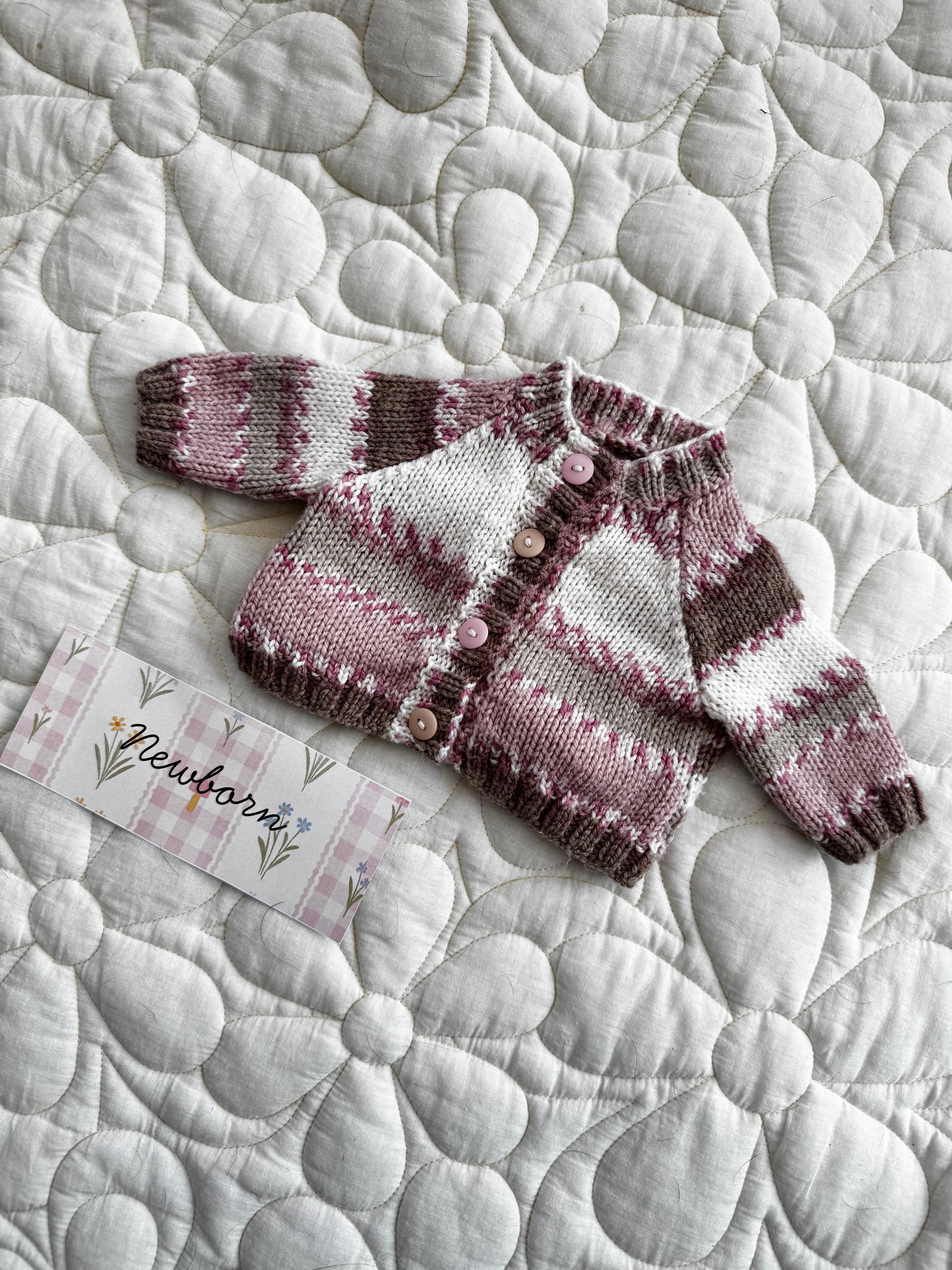 Green, pink, brown newborn cardi