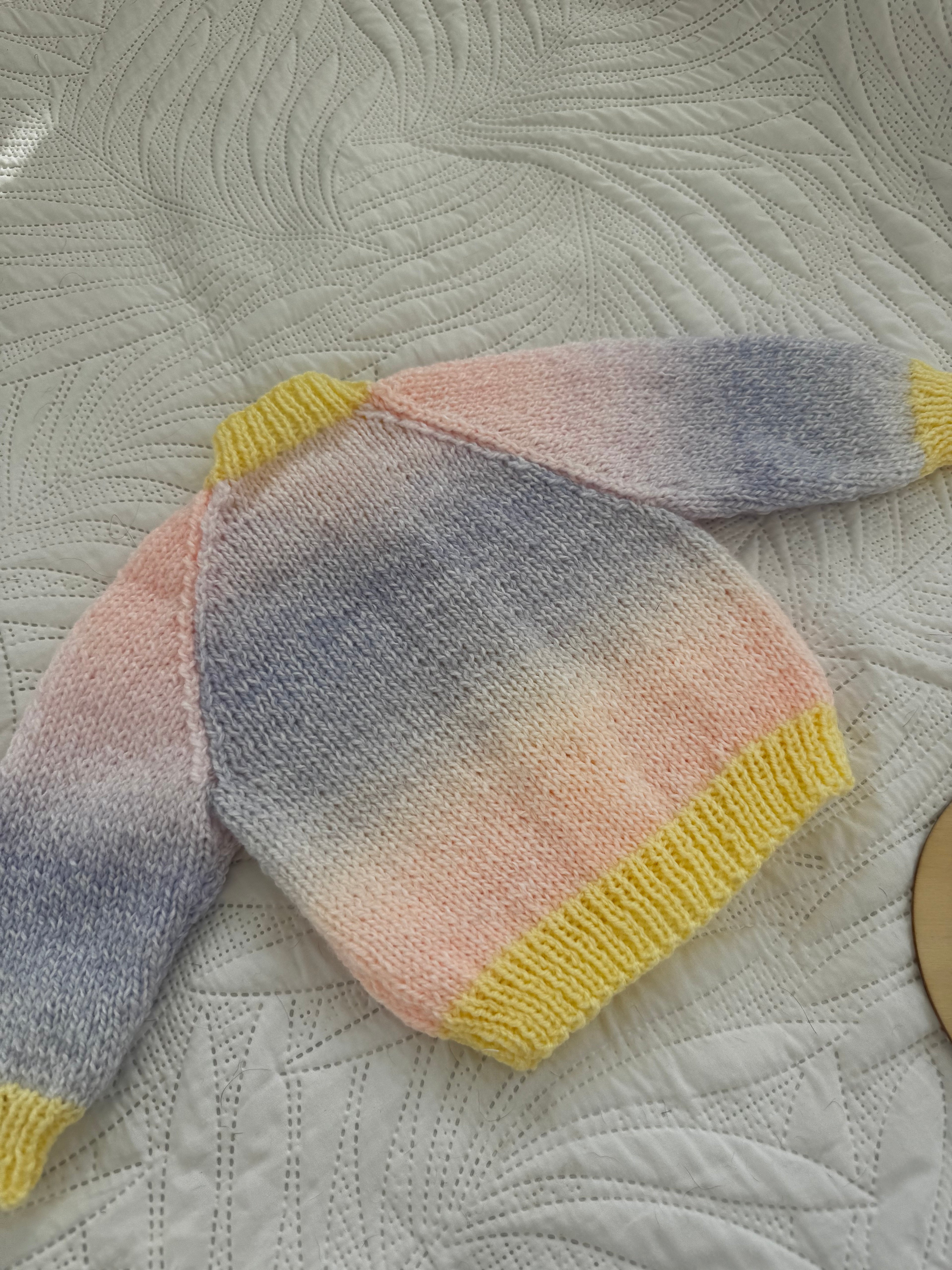 Heirloom classic cardigan in pink/purple ombré with yellow