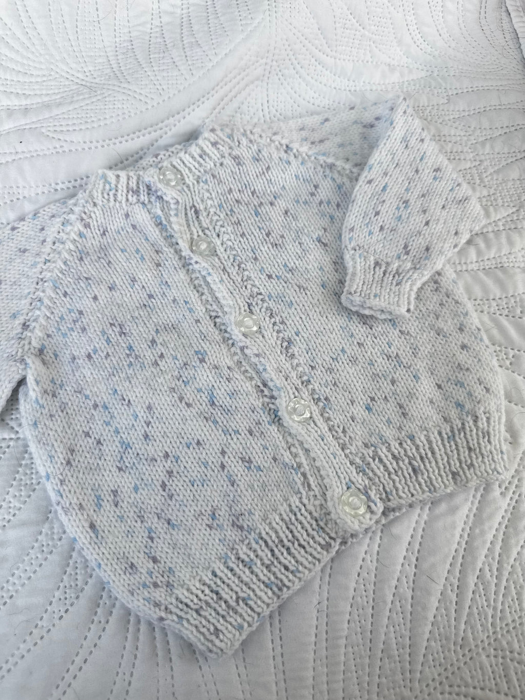 6-9 heirloom cardigan in blue & lilac fleck