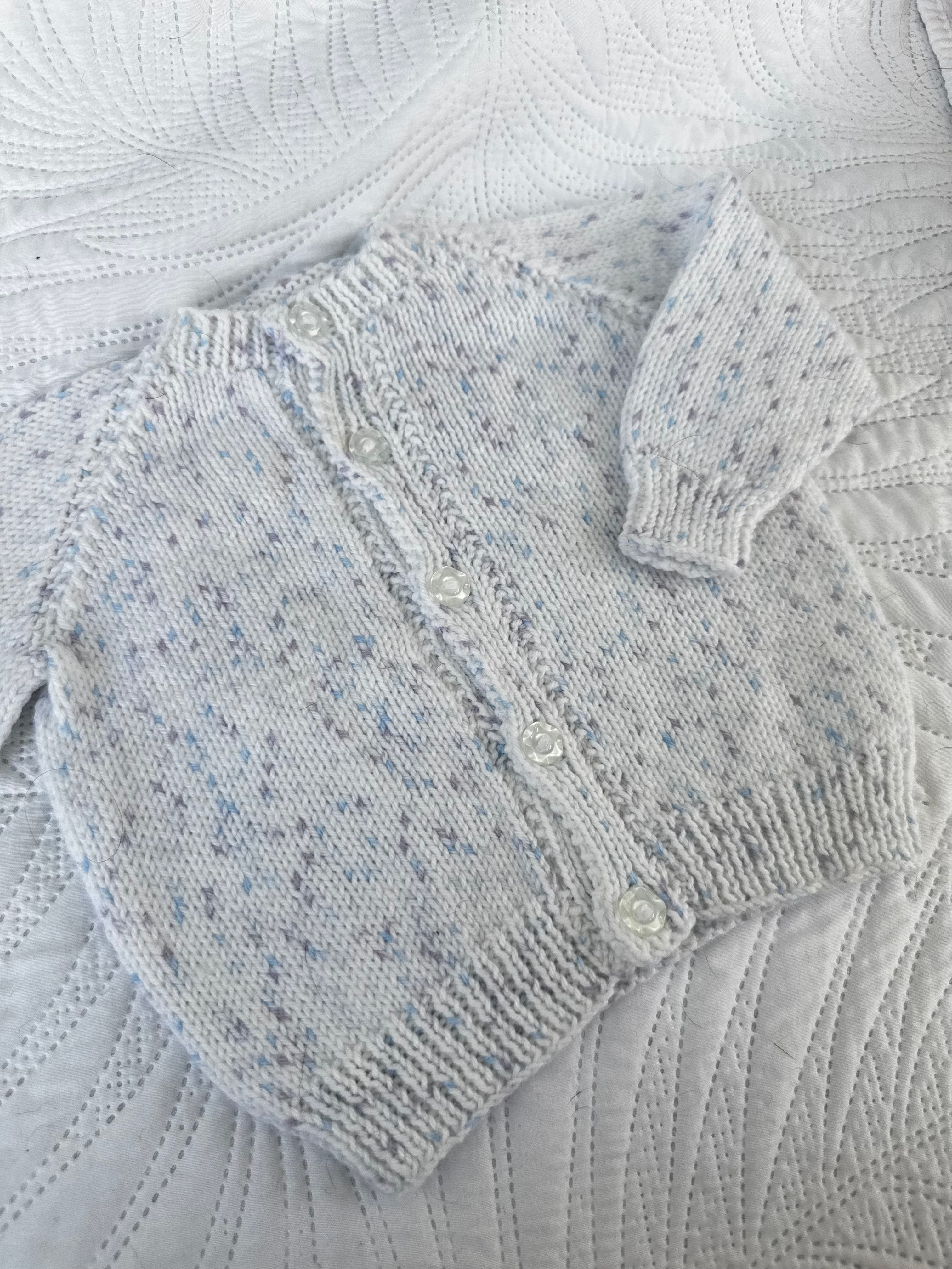 6-9 heirloom cardigan in blue & lilac fleck
