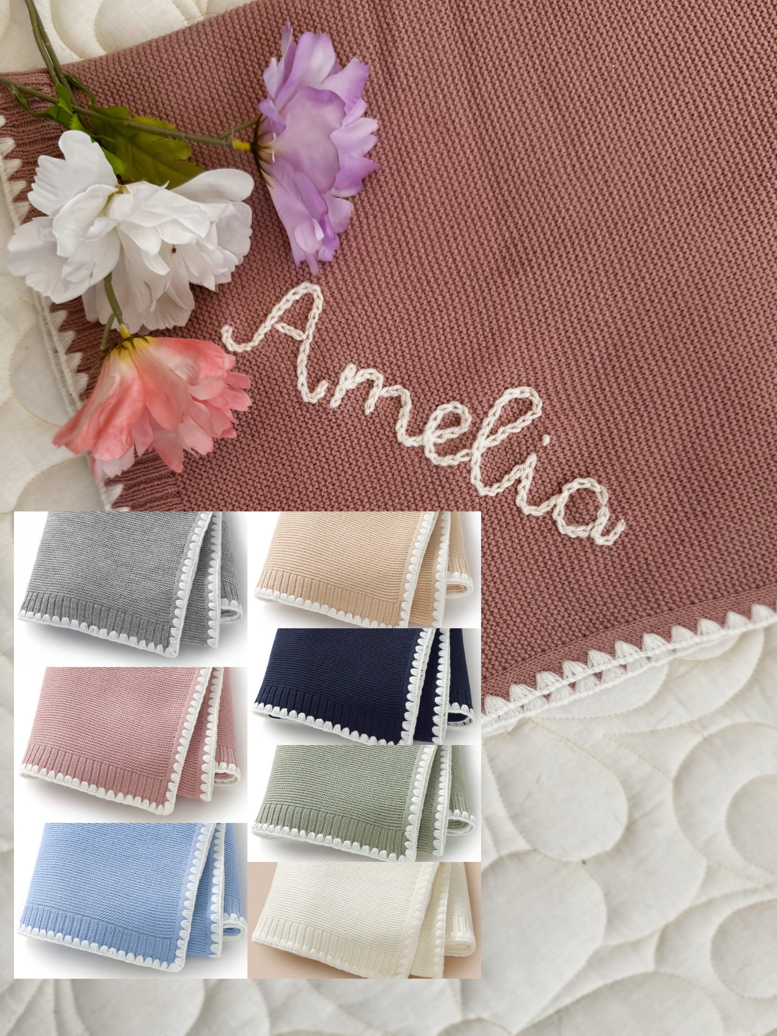 Bound edge baby blanket with name embroidery