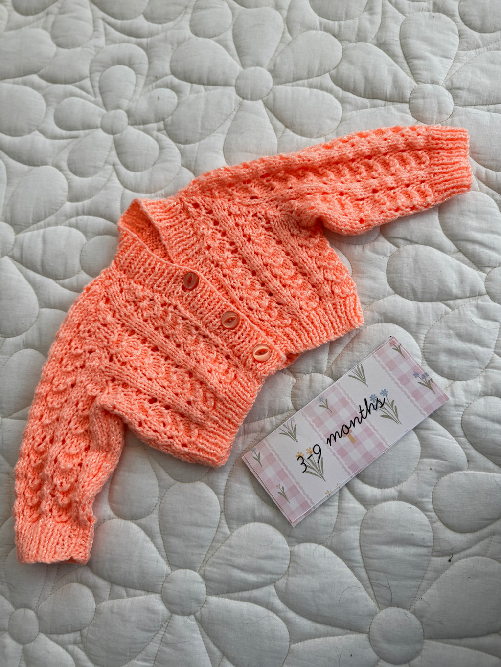 3-6/6-9 orange glitter hand knit