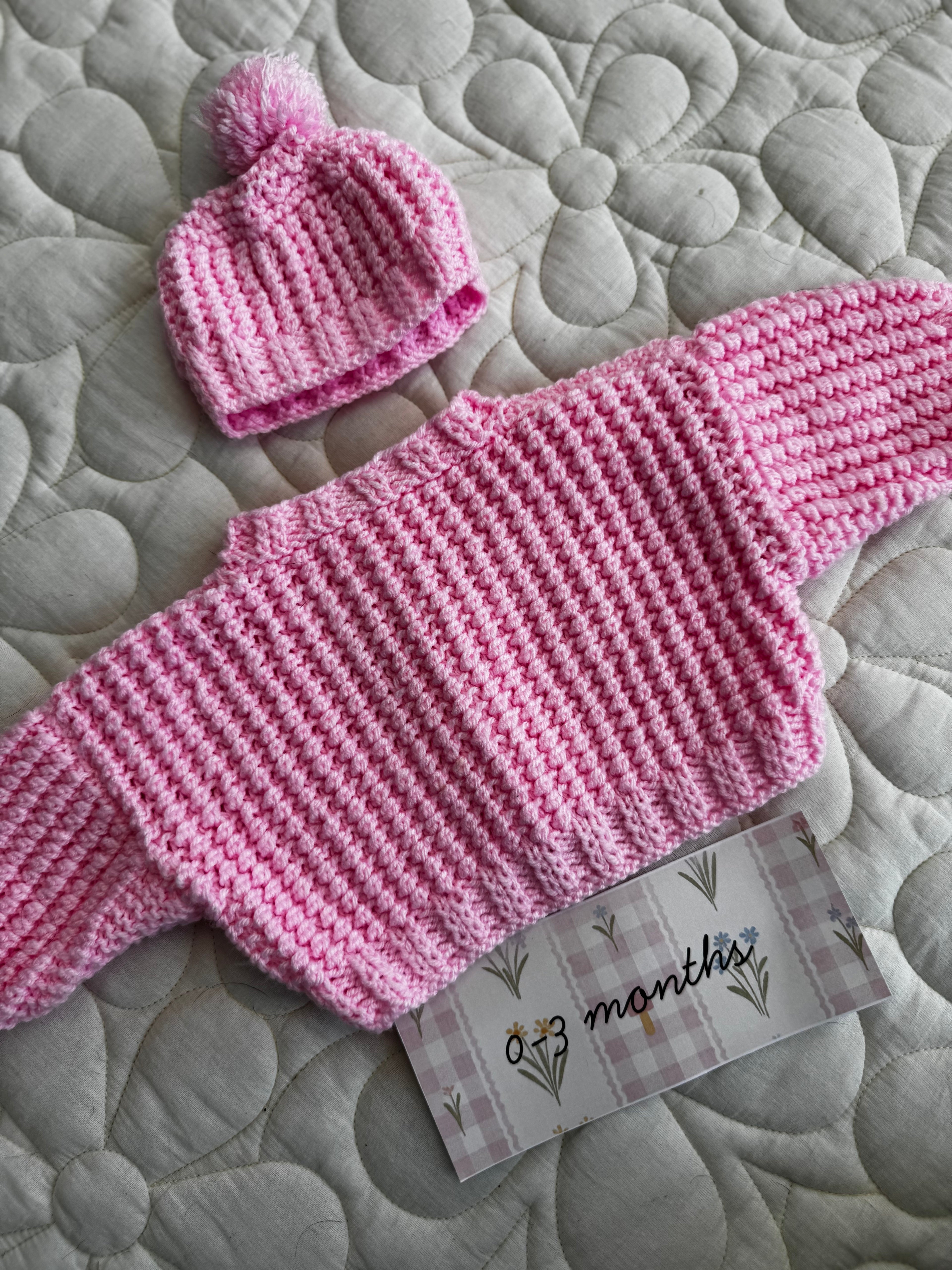 0-3 pink hand knit with hat