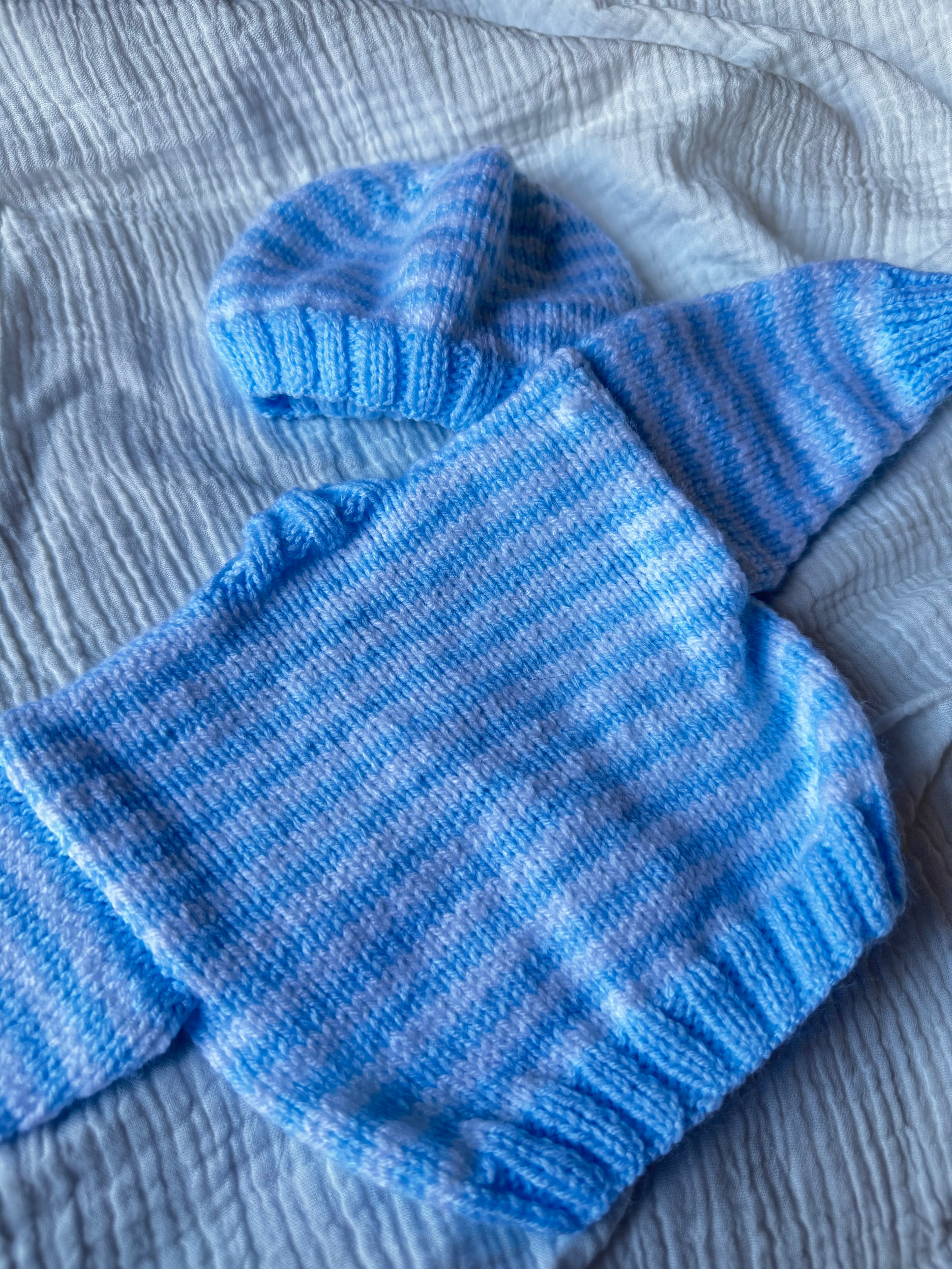 Newborn cardigan and hat blue stripe