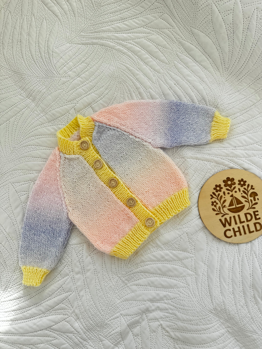 Heirloom classic cardigan in pink/purple ombré with yellow