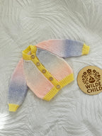 Heirloom classic cardigan in pink/purple ombré with yellow
